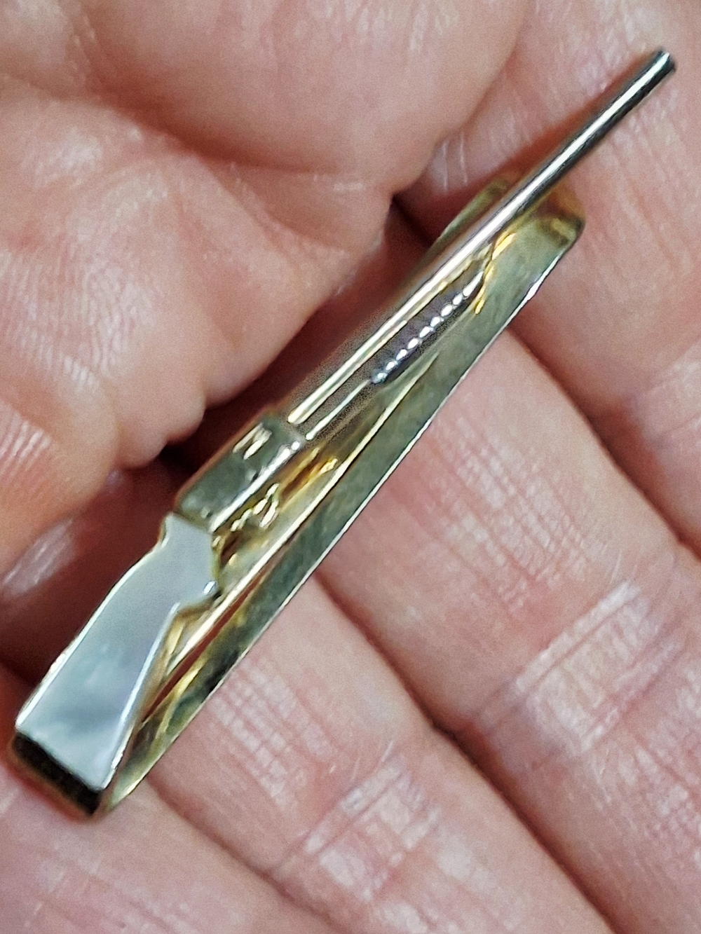 Vintage Smith & Wesson Shotgun Tie Clip Money Bar: Gold Tone Mother of Pearl
